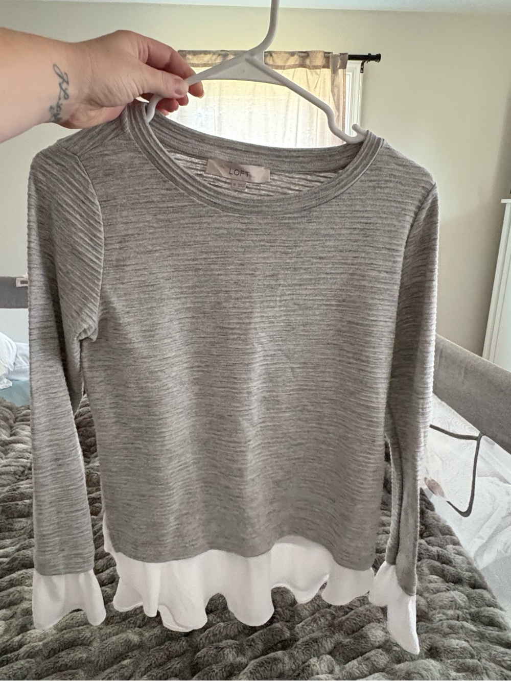LOFT Gray and White Layered Long-Sleeve Top